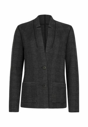 Zwarte geruite blazer van een gestructureerde stof, met twee voorzakken en een enkele knoopsluiting, voorzien van een reverskraag en een getailleerde pasvorm.