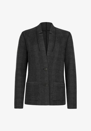 Svart rutigt kavaj med texturerad tyg, två framfickor och stängning med en knapp, med kalsongkrage och skräddarsydd passform.