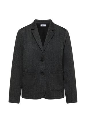 Blazer negro en espiga con solapa, dos bolsillos frontales y cierre de dos botones. Tejido texturizado con una silueta estructurada.