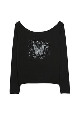 Čierny dlhý rukáv s off-shoulder výstrihom, s grafickým motívom strieborného motýľa obklopeného hviezdami a trblietkami. Mäkký materiál.