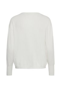 Pull en maille blanc à manches longues avec poignets et ourlet côtelés, présenté de dos sur un fond blanc uni.