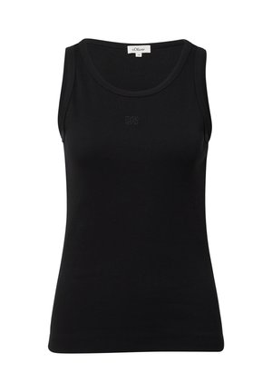 Zwarte geribde tanktop met smalle schouderbandjes en een ronde halslijn. Heeft een subtiele logo op de borst. Gemaakt van een zachte katoenmix.