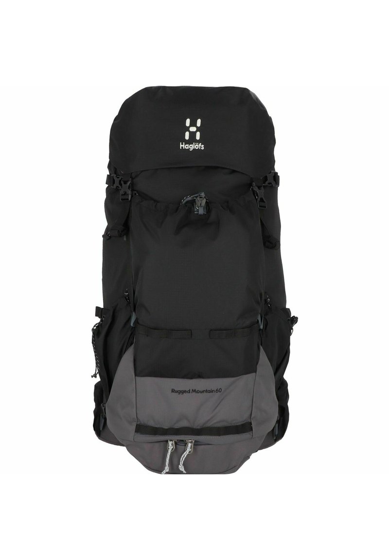 Schwarzer und grauer Wanderrucksack mit oberer Klappe, verstellbaren Riemen, Schnallen und mehreren Taschen, mit dem Markennamen "Rugged Mountain 60".