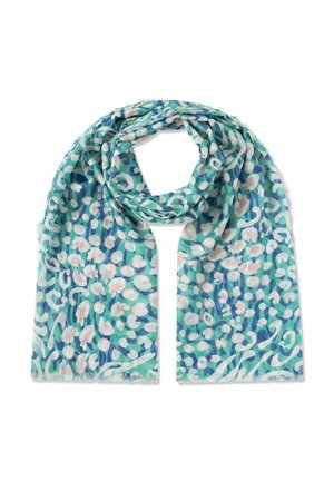 Leichter Schal mit abstraktem Leopardenmuster in Blau, Türkis und Pink, locker geschlungen mit Fransen an den Rändern vor weißem Hintergrund.