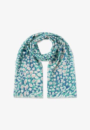 Lichtgewicht sjaal met abstract patroon van blauwe, teal en roze luipaardprint, losjes geknoopt met franjes aan de randen op een witte achtergrond.