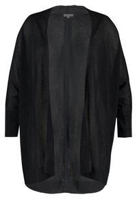 Černý kardigan s otevřeným předním dílem, vyrobený z lehké pleteniny s texturovaným vzorem, dlouhými rukávy a volným, prodlouženým střihem.