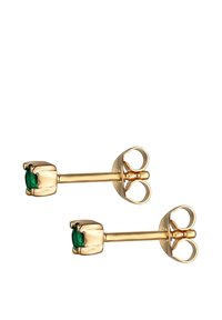 Boucles d'oreilles en or avec des pierres précieuses vert émeraude, dotées d'un sertissage arrondi et d'un fermoir papillon sécurisé, mettant en valeur une finition polie et des lignes épurées.