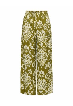 Pantalon large vert avec un motif floral et cachemire blanc détaillé, taille élastique et tissu texturé.
