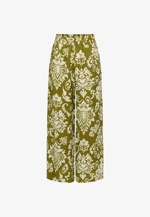 Zielone spodnie z szerokimi nogawkami, ozdobione białym, misternym wzorem kwiatowym i paisley, z elastyczną talią i teksturowaną tkaniną.