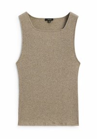 Beige ribbed tank top with wide neckline and sleeveless design. Soft texture, fitted shape, and clean edges. No visible logos or hardware.