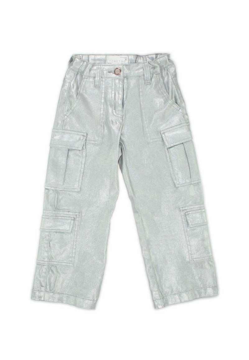 Pantaloni cargo argento chiaro con una texture lucida, dotati di molteplici tasche, chiusura con bottone e un design a vestibilità rilassata.