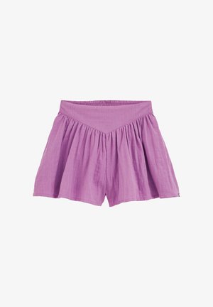 Lila, leichte Shorts mit einem elastischen Bund und einem ausgestellten Design. Merkmale sind der weiche, strukturierte Stoff und der geraffte Look am Saum.
