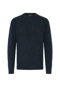 Dunkelblauer Pullover, Rundhals, lange Ärmel, aus einem weichen Strickmaterial gefertigt. Hat eine glatte Textur und ein dezentes Design.