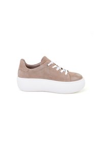 Beige Wildlederschuh mit einer weißen Plattformsohle. Verfügt über weiße Schnürsenkel und runde Ösen. Strukturierte Sohle mit Rillen.