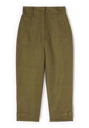 Pantalon taille haute vert olive avec poches plaquées à l'avant, passants de ceinture et brides réglables à l'ourlet.
