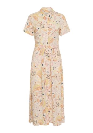 Blomstermønstret kjole med korte ærmer, knaplukning ved kraven, talje bånd og pastel farver i creme, gul og lyserød med blå accenter.
