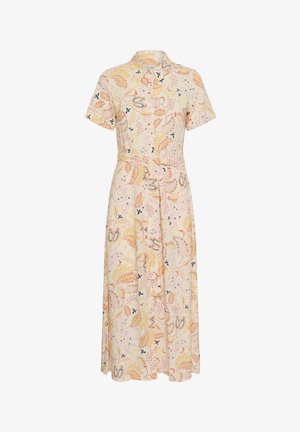 Ziedu raksta kleita ar īsām piedurknēm, pogājamu apkakli, jostas saišu un pasteļtoņiem – krēmkrāsa, dzeltena un rozā ar zilu akcentu.