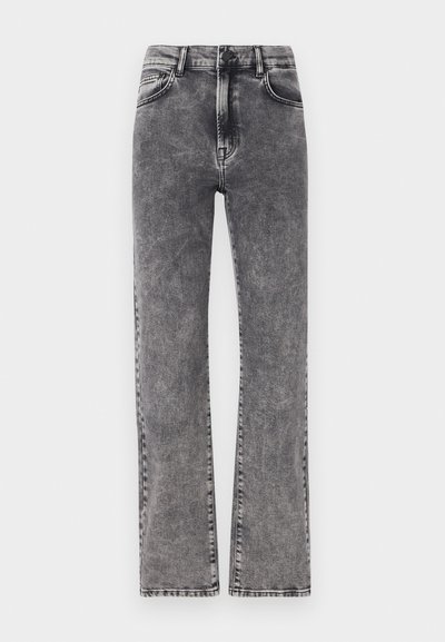 Gray denim high-waisted jeans with a straight leg design, featuring subtle whiskering and standard five-pocket styling.