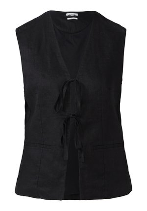 Schwarzes ärmelloses Top aus Leinen mit tiefem V-Ausschnitt, vorderem Bindeschluss und zwei Seitentaschen. Glatte Textur und minimalistisches Design.