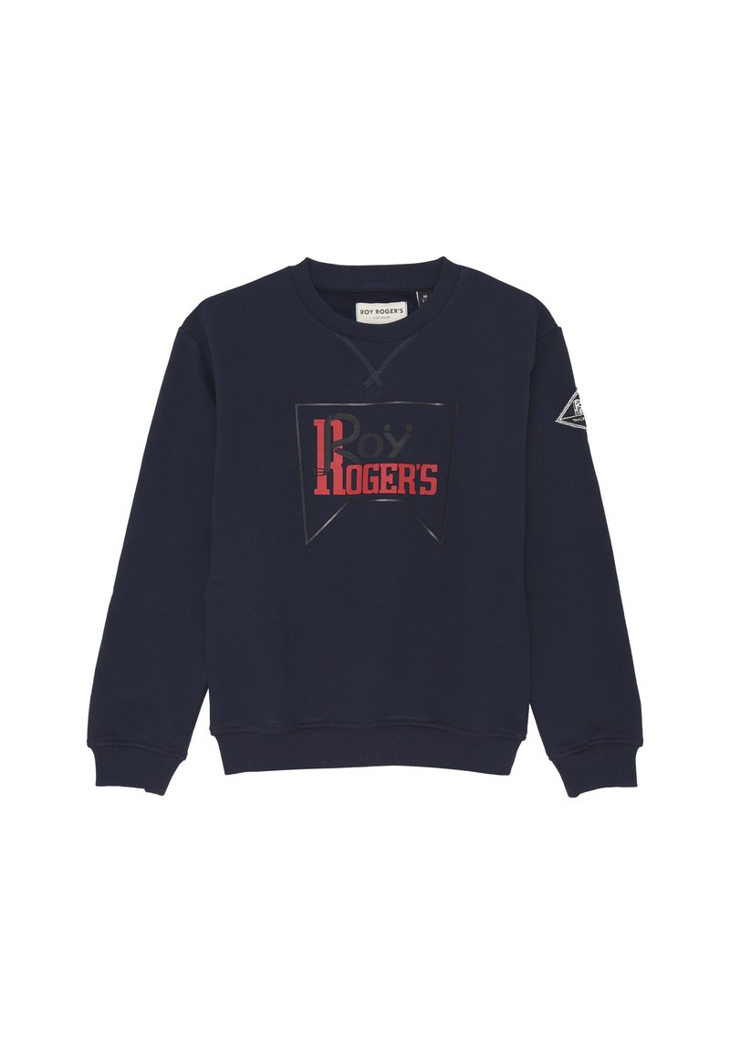 Sweatshirt blu navy in cotone, presenta un grande logo nero e rosso sul davanti e una piccola toppa sul maniche sinistro.