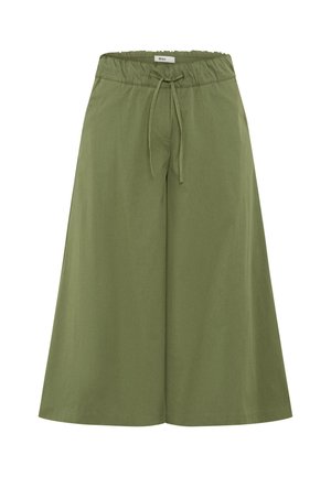 Pantalon court à jambes larges vert olive avec taille élastiquée et lien de serrage à l'avant.