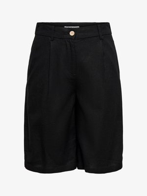 Pantaloni scurți negri, croiți la genunchi, cu găici pentru curea și o singură nasture bej la talie.