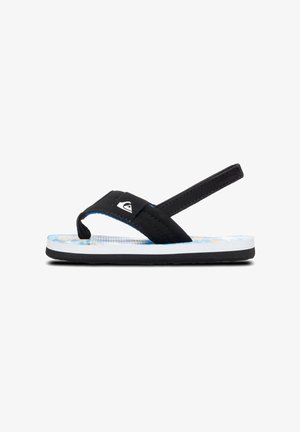 Zwarte flip-flop met een gestructureerde band, blauwe foamonderzijde met een tropisch patroon, witte tussenzool en zwarte rubberen buitenzool.