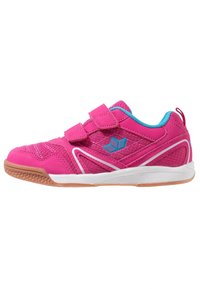 Pink athletic shoe featuring synthetic upper with mesh, two hook-and-loop straps, blue accents, and a textured rubber sole for grip.