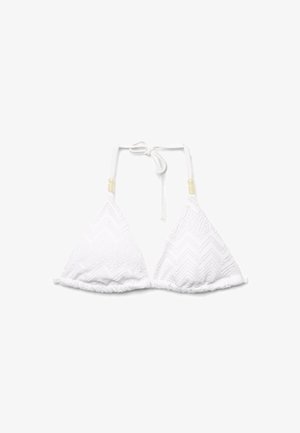 Top bikini triangolo bianco con trama, allacciatura dietro al collo e piccoli dettagli in perline beige sulle bretelle.