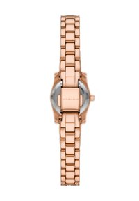 Roze gouden metalen horloge met een schakelarmbandontwerp en zilveren accenten. Bevat een eenvoudige, ronde horlogekast met een zichtbaar logo van het merk.