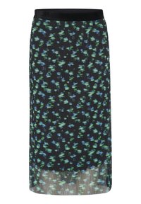 Jupe plissée noire avec un motif floral vert et bleu, taille élastique et superposition transparente. Texture lisse avec une silhouette fluide.