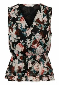 Blusa sin mangas floral con fondo negro, flores vibrantes en blanco, rojo y verde azulado, con escote en V y cintura fruncida.
