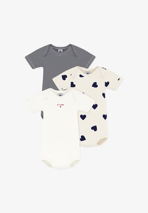 Három baba body: egy tengerészkék csíkos, egy krémszínű "JE T'AIME" felirattal és szívvel, egy krémszínű tengerészkék szívmintákkal. Rövid ujjú, patentos.