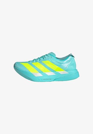 Running shoes in light blue with neon yellow accents and white stripes. Material is synthetic with a textured finish and a curved toe design.