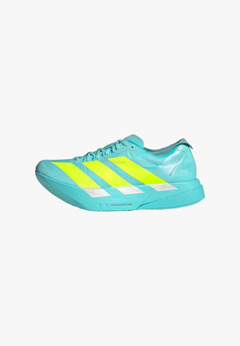 Running shoes in light blue with neon yellow accents and white stripes. Material is synthetic with a textured finish and a curved toe design.