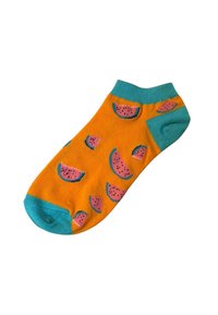 Orange ankelstrømper med turquoise detaljer, prydet med et finurligt watermelon skiver mønster i pink og grøn. Glat striktekstur.
