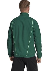 Grüne, leichte Jacke mit Stehkragen, elastischen Bündchen und hellgrünen Kontrastpaspeln entlang des Rückens und der Schultern.