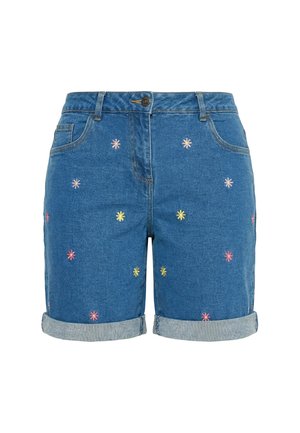 Modré džínové šortky s ohrnutými lemy a drobnými vícebarevnými vyšívanými květinami rozptýlenými po látce.