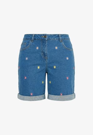 Modré džínové šortky s ohrnutými lemy a drobnými vícebarevnými vyšívanými květinami rozptýlenými po látce.