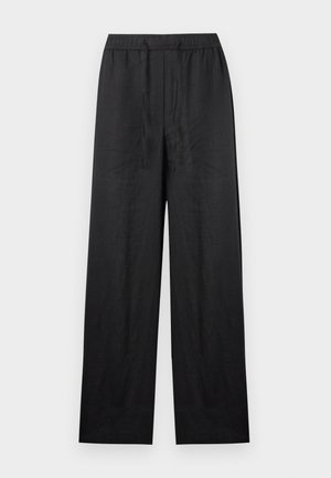 Sorte bukser med vide ben, elastik i taljen og snor, lavet af let stof, vist på ensfarvet hvid baggrund.