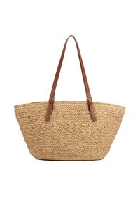 Sac cabas en paille tissée de couleur naturelle beige, avec deux anses en cuir marron et une forme large et structurée avec une finition texturée.