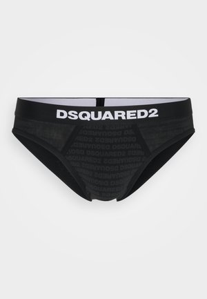 String noir présentant une taille logo avec "DSQUARED2" en blanc et un motif en relief ton sur ton du nom de la marque sur le tissu.