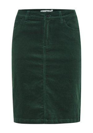 Green corduroy pencil skirt with a fitted design, featuring a front button closure, belt loops, and two front pockets.