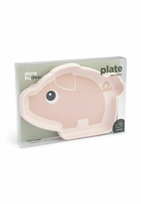 Piatto a forma di maiale in silicone morbido rosa chiaro. Presenta un design diviso per sezioni di cibo. Imballato in plastica trasparente con sfondo verde chiaro.