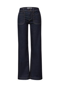 Tummansiniset farkut, joissa on korkea vyötärö, suorat leveät lahkeet, etutaskut ja kolikkotasku, sekä näkyvä oranssi ommel.