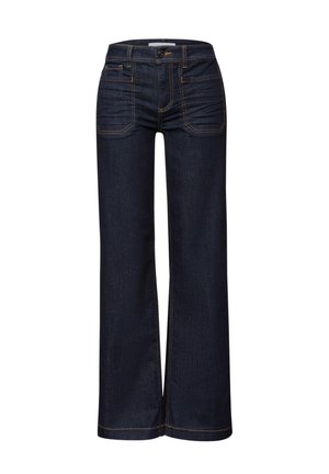 Mörkblå denimjeans med hög midja, raka vida ben, framfickor och myntficka, samt synlig orange sömnad.