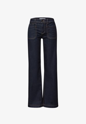 Tummansiniset farkut, joissa on korkea vyötärö, suorat leveät lahkeet, etutaskut ja kolikkotasku, sekä näkyvä oranssi ommel.