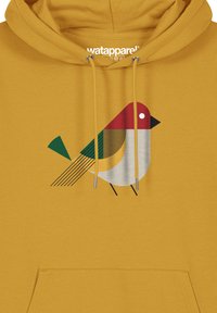 Geel hoodie met een geometrische vogelafbeelding in rood, groen en wit. Het ontwerp bevat aantrekkoordjes en een voorzak. Zachte textuur.