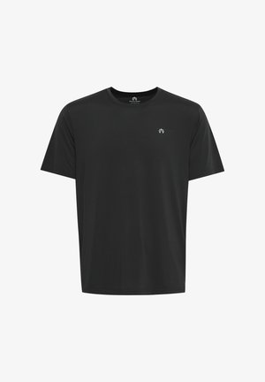 Svart bomull T-skjorte med korte ermer, rund hals, og en liten hvit logo på brystet. Glatt tekstur, avslappet passform.
