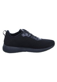 Scarpe sportive nere con una parte superiore in mesh strutturato, tallone rinforzato, design con lacci e suola in gomma con un motivo ondulato.